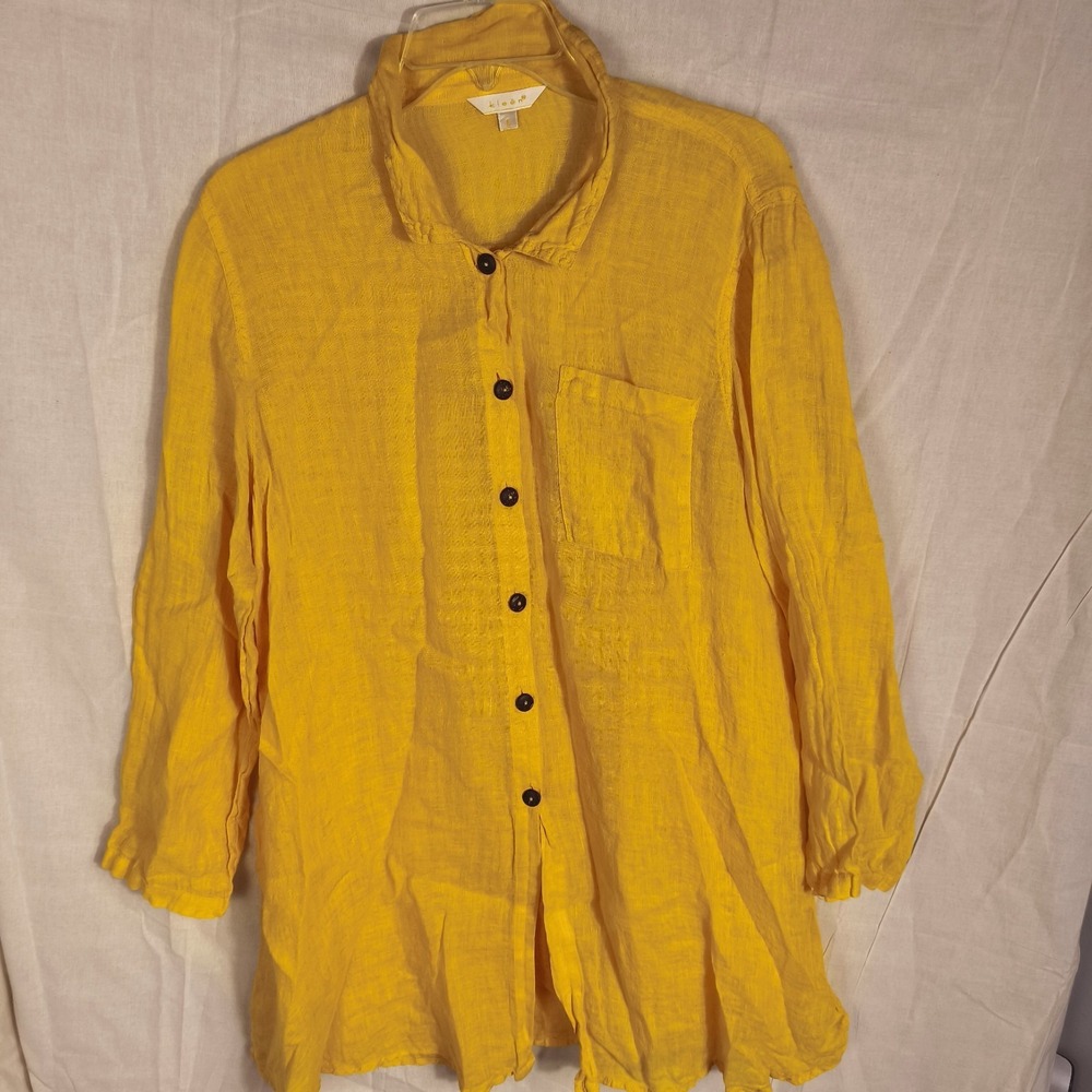 Cut Loose 100% Linen Yellow Button Front Tunic Shirt Cottagecore Coastal Grandma
